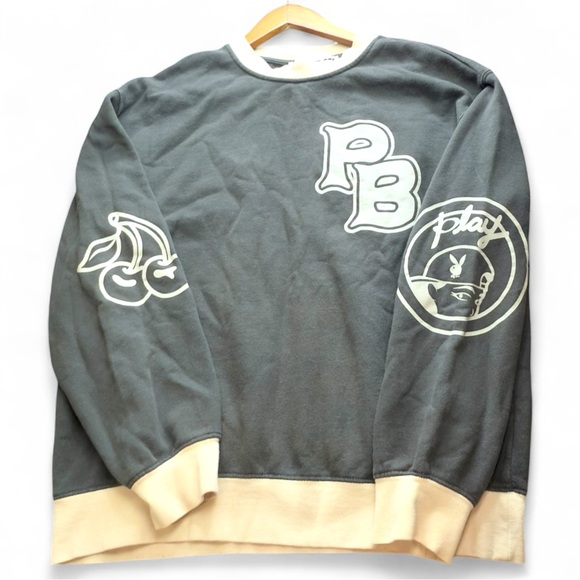 Playboy x PacSun Sweatshirt Men’s L Gray‎ Beige Logo Cherry Crewneck Streetwear - Picture 1 of 7